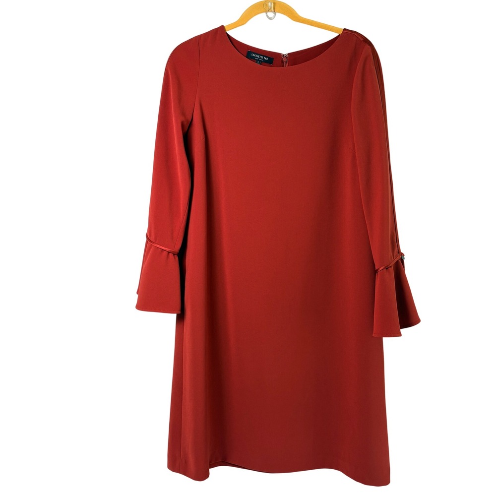 Lafayette 148 Shift Dress Womens S Small Saffron Red Bell Sleeve Pockets